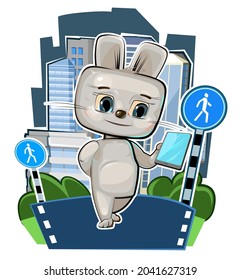 Cute kid Hare with a smartphone in the pedestrian zone. Traffic Laws. Good kid animal. Illustration for children. Isolated on white background. Vector.