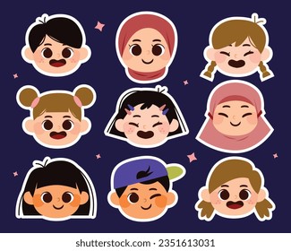 Cute kid head sticker with various expression