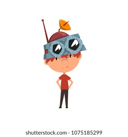 Cute kid in headdress with antenna, scientist boy character working on science experiment vector Illustration on a white background