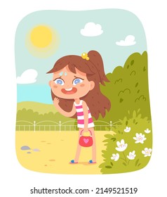 Cute Kid With Heatstroke Under Summer Sun And Hot Weather Vector Illustration. Cartoon Child Feeling Tired And Dehydrated, Young Character With Sweat Drops On Face. Sunstroke, Dehydration Concept