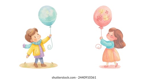 lindo niño sosteniendo globo acuarela ilustración vectorial 