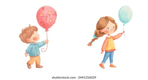 lindo niño sosteniendo globo acuarela ilustración vectorial