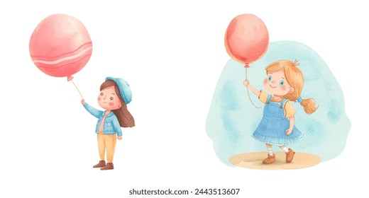 lindo niño sosteniendo globo acuarela ilustración vectorial