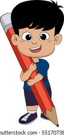 Cute kid holding a big pencil.Vector and illustraion.