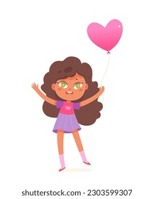 Cute kid holding bright pink balloon of heart shape vector illustration. Cartoon isolated happy small girl in summer dress standing, young person playing outside on school or kindergarten festival