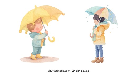 cute kid holding umbrella watercolour vector illustration 