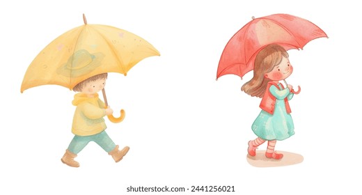cute kid holding umbrella watercolour vector illustration 