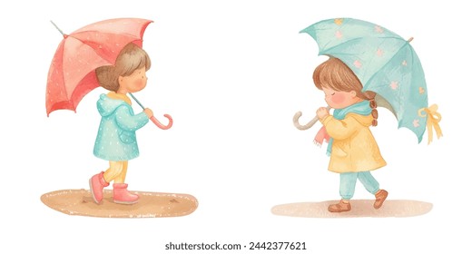 cute kid holding umbrella watercolour vector illustration