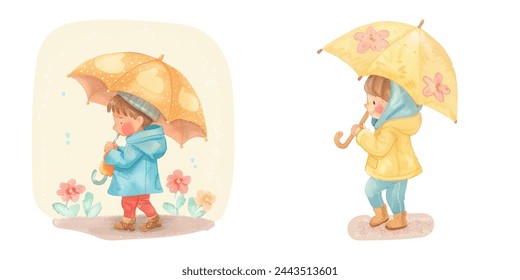 cute kid holding umbrella watercolour vector illustration 