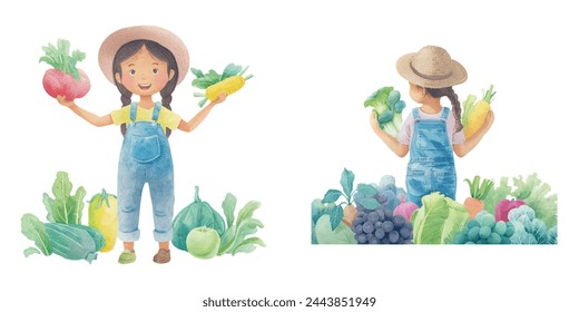 cute kid holding vegetable watercolour vector illustration