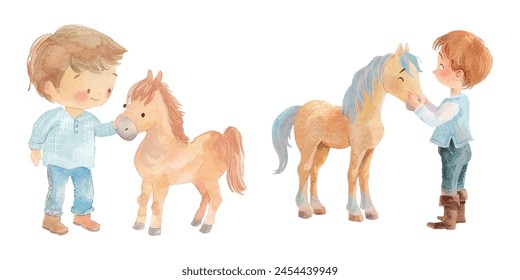 cute kid with the horse watercolor vector illustration design