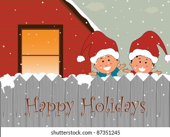 cute kid & house theme vector for happy holidays