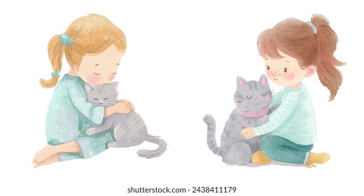 cute kid hugging cat watercolour vector illustration