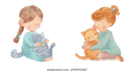 cute kid hugging cat watercolour vector illustration 