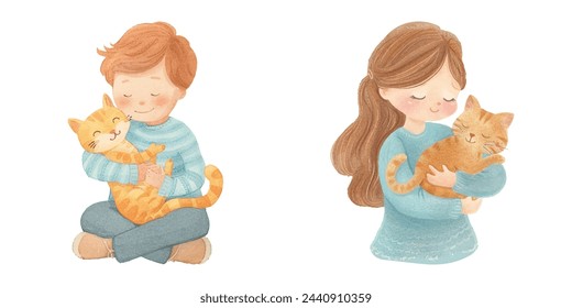 cute kid hugging cat watercolour vector illustration 