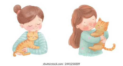 cute kid hugging cat watercolour vector illustration