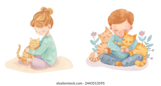 cute kid hugging cat watercolour vector illustration 