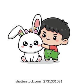 Nettes Kind umarmt Osterhase mit versteckten Eiern Kawaii Vektor