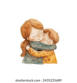 cute kid hugging mom vector illustration in watercolour style