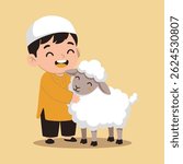 "Cute Kid Hugging Sheep – Eid Al Adha Celebration Illustration for Kids"