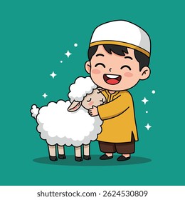 "Cute Kid Hugging Sheep – Eid Al Adha Celebration Illustration for Kids"