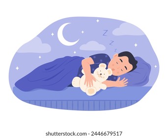 Cute Kid Hugging Teddy Bear and Sleeping in Bed at Night