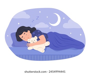 Cute Kid Hugging Teddy Bear and Sleeping in Bed at Night