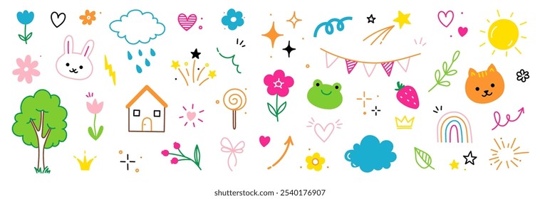Cute kid icon element line flower, cloud, heart background. Hand drawn doodle cute cartoon scribble sticker element set. Flower, heart, cloud children elements background. Vector illustration
