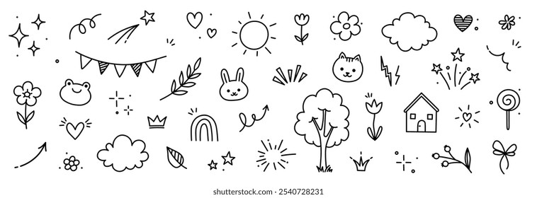 Cute kid icon element line flower, cloud, heart background. Hand drawn doodle cute cartoon scribble element set. Flower, heart, cloud children elements background. Vector illustration