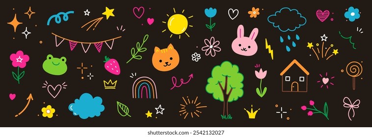 Lindo elemento de icono de niño línea flor, nube, fondo de corazón. Dibujado a mano doodle lindo dibujo animado garabato elemento conjunto. Flor, corazón, fondo de Elementos de los niños de la nube. Ilustración vectorial