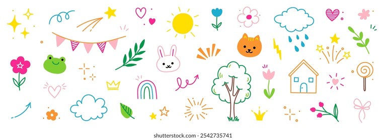 Cute kid icon element line flower, cloud, heart background. Hand drawn doodle cute cartoon scribble element set. Flower, heart, cloud children elements background. Vector illustration