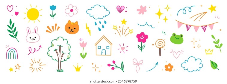 Cute kid icon element line flower, cloud, heart background. Hand drawn doodle cute cartoon scribble sticker element set. Flower, heart, cloud children elements background. Vector illustration