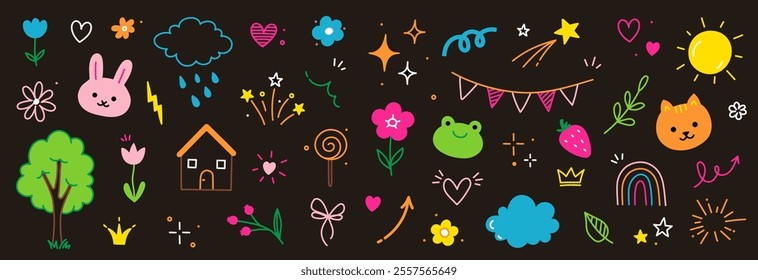 Cute kid icon element line flower, cloud, heart background. Hand drawn doodle cute cartoon scribble sticker element set. Flower, heart, cloud children elements background. Vector illustration