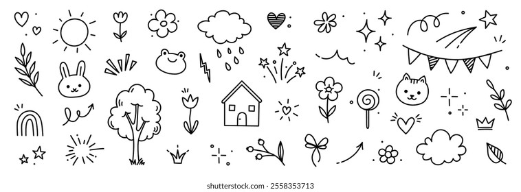 Cute kid icon element line flower, cloud, heart background. Hand drawn doodle cute cartoon scribble sticker element set. Flower, heart, cloud children elements background. Vector illustration