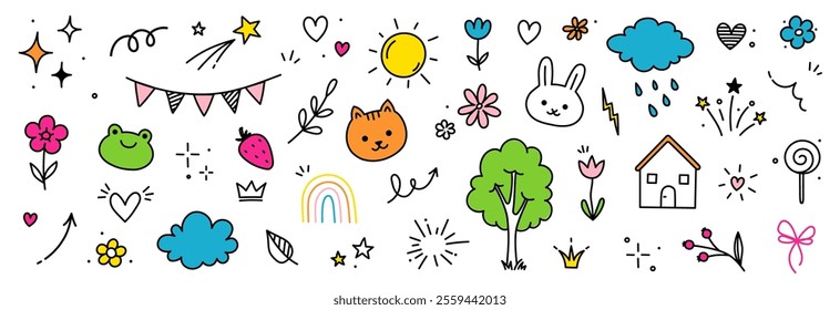 Cute kid icon element line flower, cloud, heart background. Hand drawn doodle cute cartoon scribble sticker element set. Flower, heart, cloud children elements background. Vector illustration