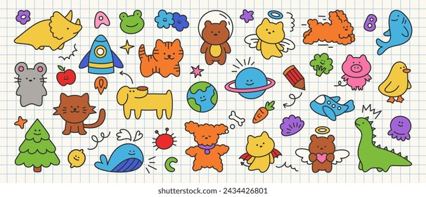 Cute kid icons collection of planet, dinosaur, animal, fruit, star, whale, cloud, letter. Trendy childish doodle set on notebook sheet. Simple scribble vector elements for banner, pattern or sticker