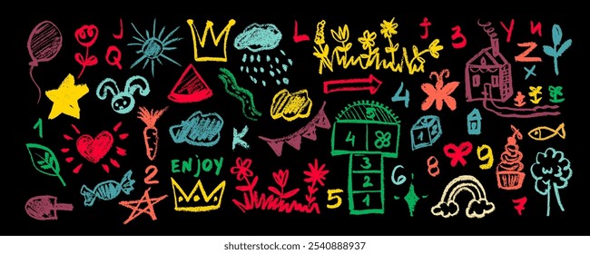 Nette Kinder-Illustration mit bunten Silhouetten Blumen, Wolke, Krone, Sterne, Sommer . Handgezeichnete Doodle-Skizze süße Vektorschule Kreide Hintergrund. Kindermuster im Stil doodle, handgezeichnete Buntstift.  