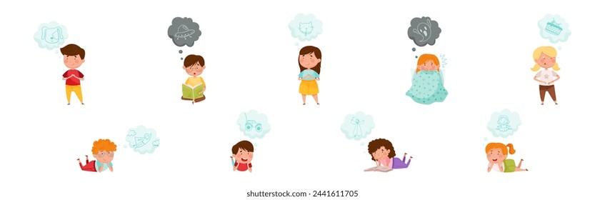 Cute Kid Imagining Object in Dream Bubble or Cloud Vector Set