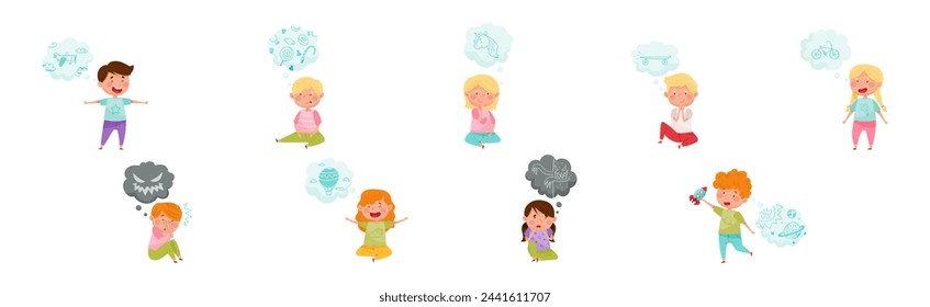 Cute Kid Imagining Object in Dream Bubble or Cloud Vector Set