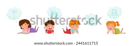 Cute Kid Imagining Object in Dream Bubble or Cloud Vector Set