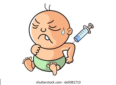 Cute Kid with an injection in his arm. vector Illustration. Isolated on white background.