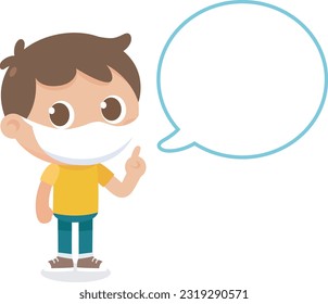 Cute kid instructor wearing a medical mask performing health care instruction to prevent from covid-19 virus and flu. Flat vector illustration.