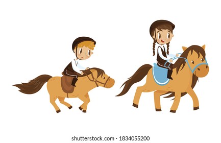 Cute Kid Jockey Riding Horse with Leading Reins Vector Set