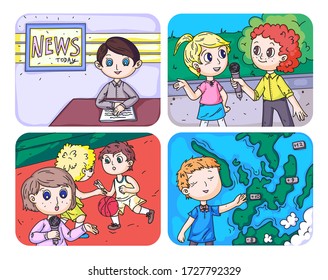 Cute kid journalist work on TV isolated scene set. Television presenter new program, interviewer on street making life reportage, sport commentator, weather forecaster. Broadcasting children character - Shutterstock ID 1727792329