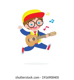 Cute Kid Jumping Playing Guitar, Happy Children Boy Playing The Guitar. Musical Performance. Isolated Vector Illustration On White Background. In Cartoon Flat Style