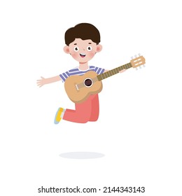 cute kid jumping playing guitar, happy children boy playing the guitar. Musical performance. isolated vector Illustration on white background. in cartoon flat style