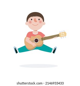 cute kid jumping playing guitar, happy children boy playing the guitar. Musical performance. isolated vector Illustration on white background. in cartoon flat style