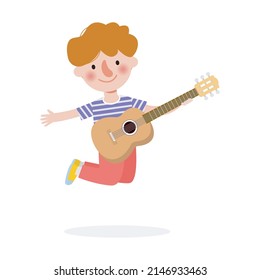 cute kid jumping playing guitar, happy children boy playing the guitar. Musical performance. isolated vector Illustration on white background. in cartoon flat style