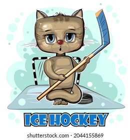 Cute kid Kitten on ice. Childrens winter sports. Illustration for children. Hockey stick and puck. Sport. Funny animal in cartoon style. The picture is isolated on a white background. Vector