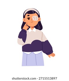 Niño lindo con el ojo perezoso que señala con el dedo. Niño feliz con gestos de mano de parche de ambliopía. Niña con estrabismo, enfermedad de la visión, problemas para ver. Ilustración vectorial aislada plana en blanco